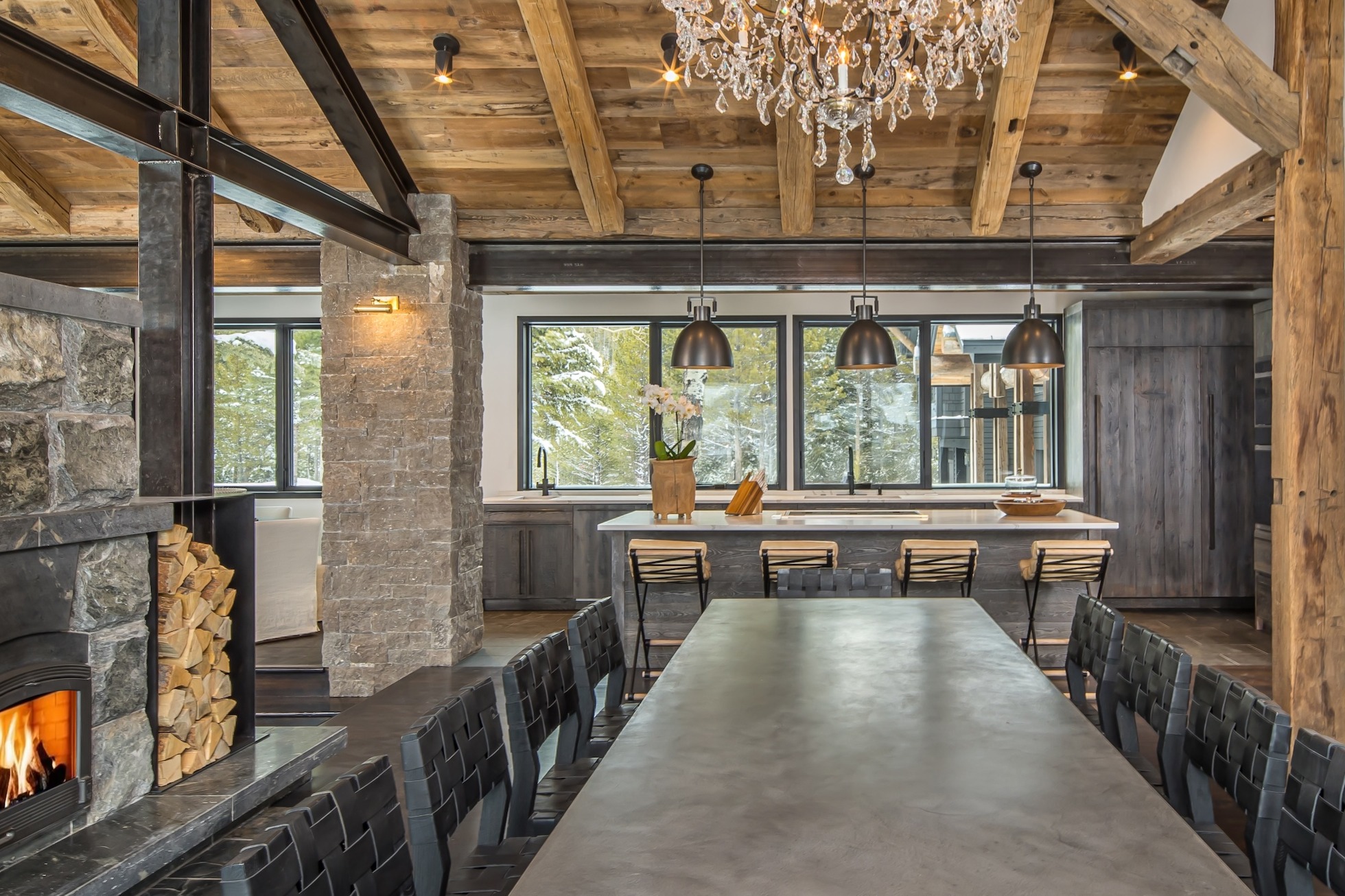 Luxury mountain dining room with crystal chandelier