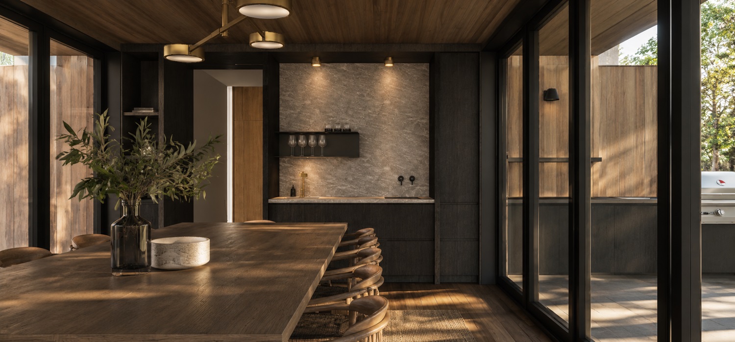 Dining and bar area rendering at the Connected Cabins retreat