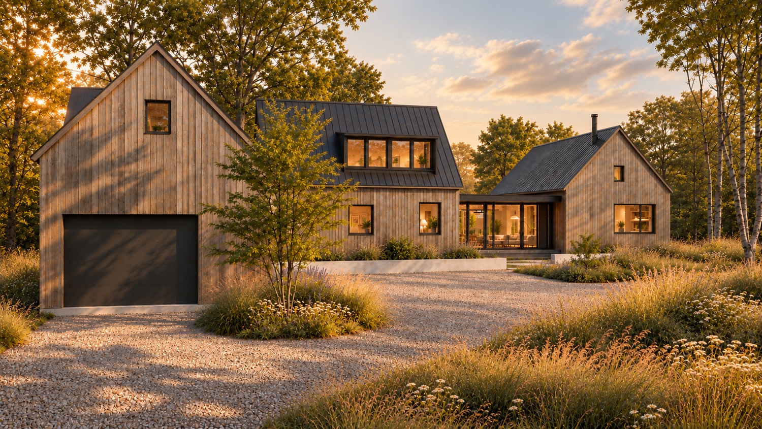Exterior rendering of the Connected Cabins retreat in New Buffalo, Michigan