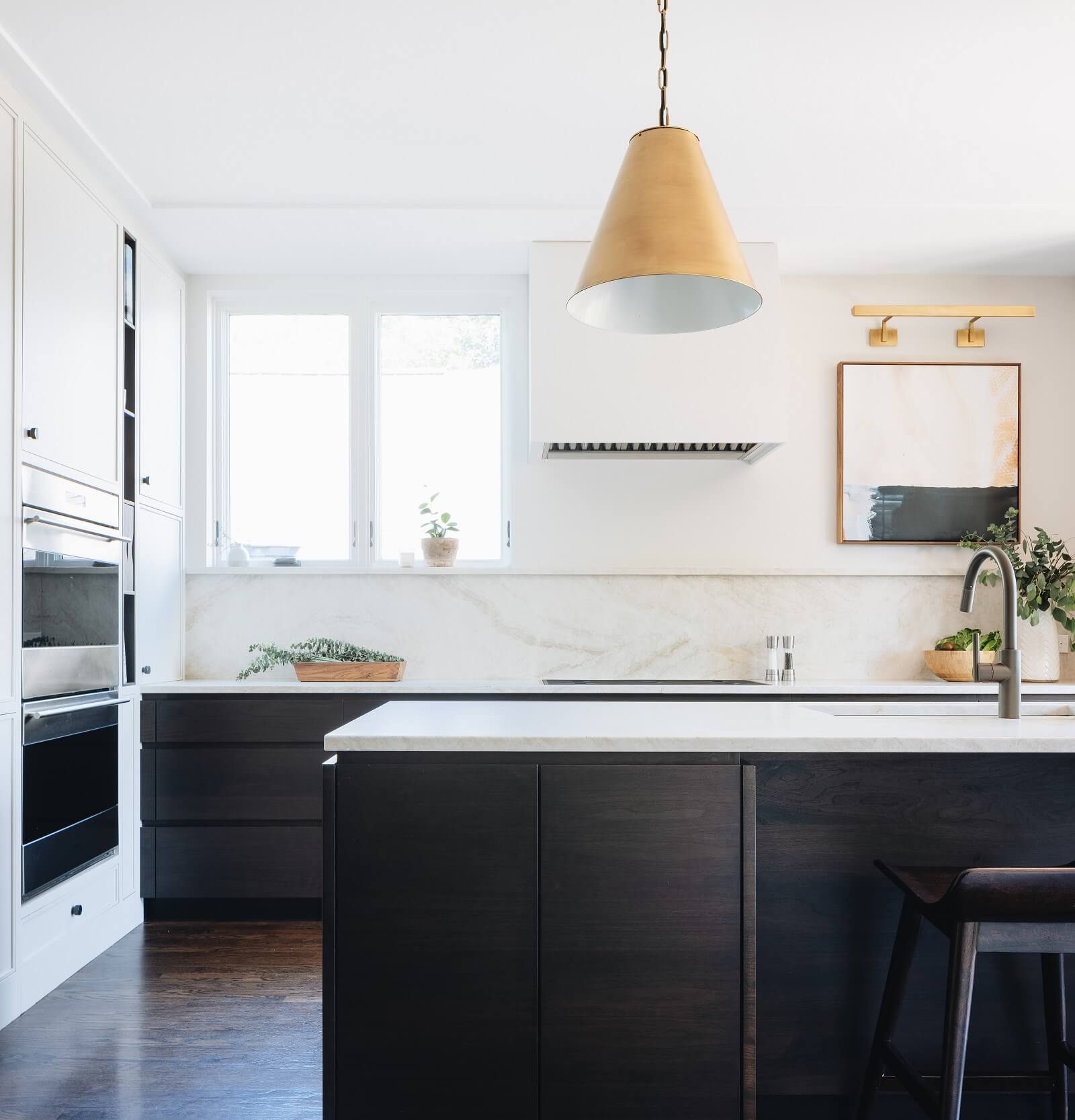 Interior kitchen view overlooking white walls