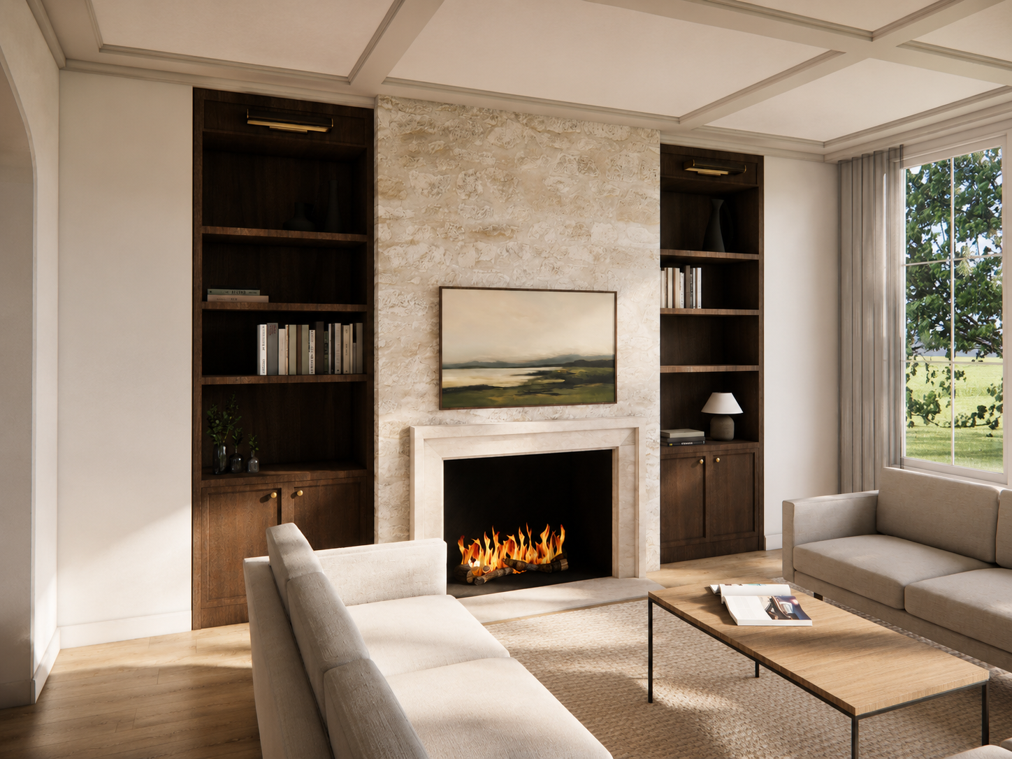 living room with large windows in North Shore estate