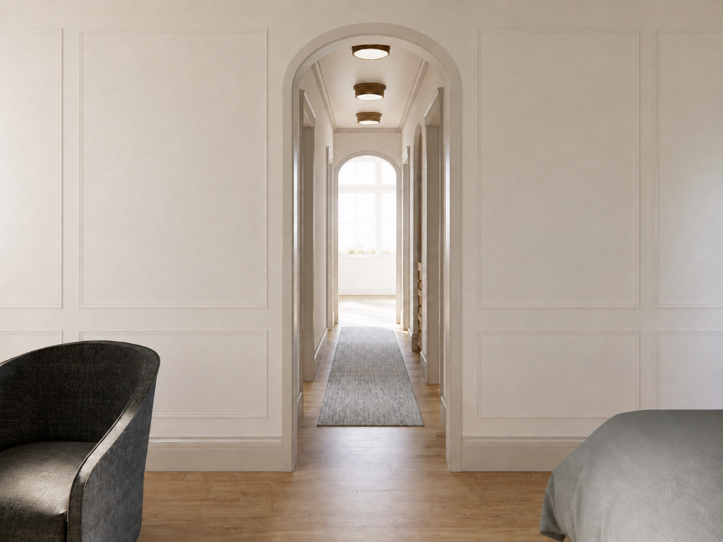 primary suite hallway in custom North Shore home