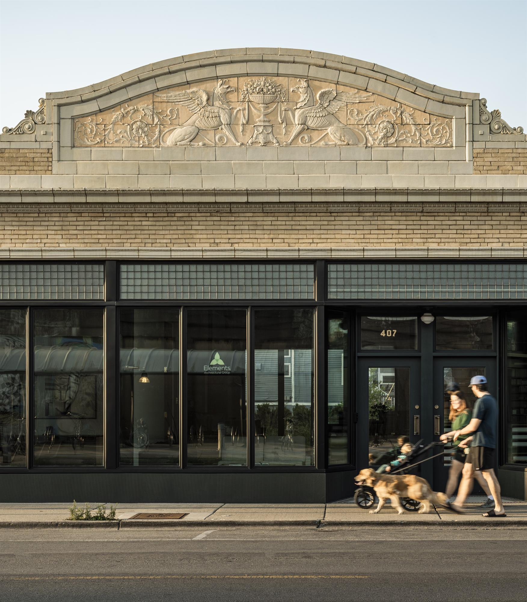 Restored exterior of the Elements Architects office in Oak Park